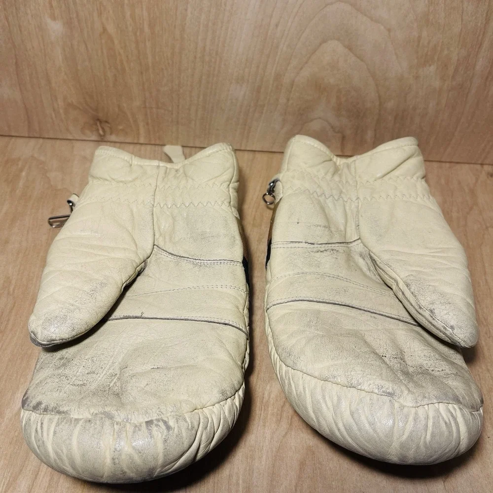 Vintage Hotfingers Leather Mittens Lined Cream Brown Chevron Zipper Skiing Women